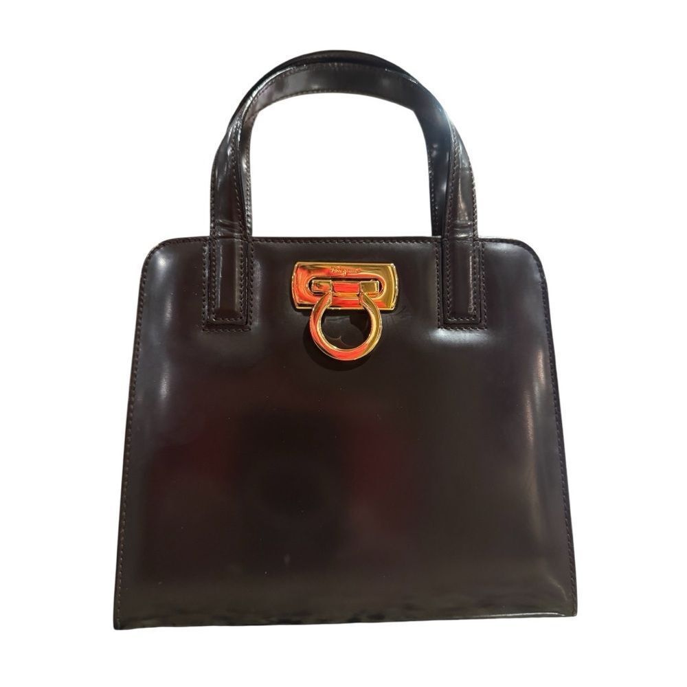 Salvatore Ferragamo Brown Patent Leather Gancini Top Handle Mini 2way Vara Bag
